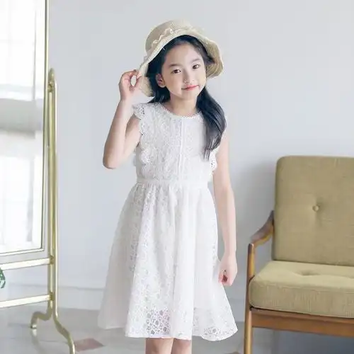 女童连衣裙夏装新款超洋气儿童白色蕾丝裙子韩版中大童无袖公主裙