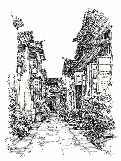 钢笔速写古镇民居