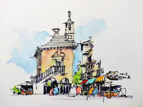 钢笔淡彩建筑风景速写