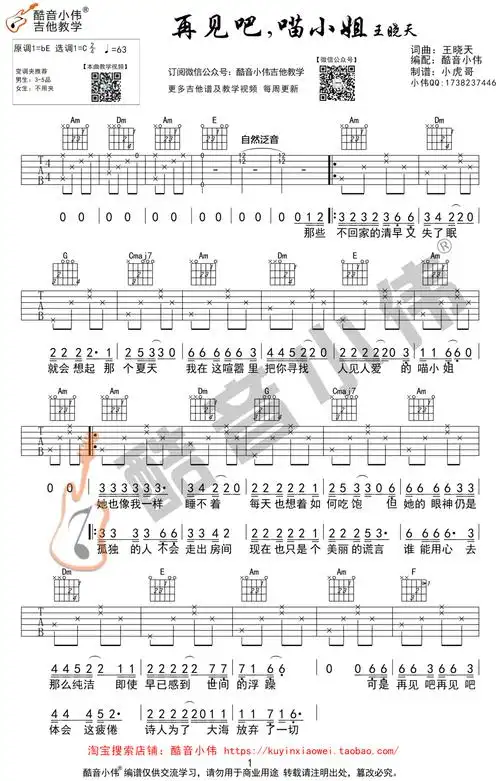 再见吧喵小姐吉他谱-王晓天-c调六线谱-吉他教学视频