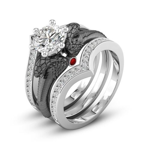 polysutt奢华黑金分色三套戒欧美创意皇冠眼镜蛇镶钻戒指派对饰品