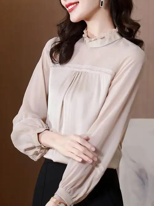 真丝长袖衬衫女春装2022年新款时尚设计感小众别致上衣桑蚕丝衬衣
