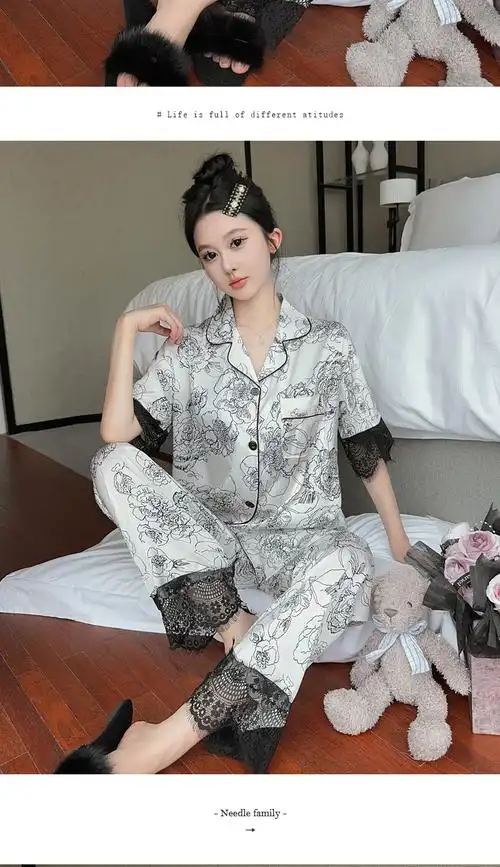 福盛(实拍)夏季丝绸冰丝薄款仿真丝套装女睡衣短袖长裤睡衣家居服