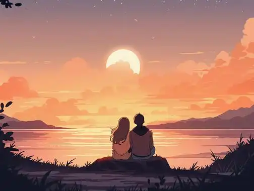 情侣紧挨着坐在一起的背影唯美浪漫情人节爱情双人手绘插画温馨氛围感