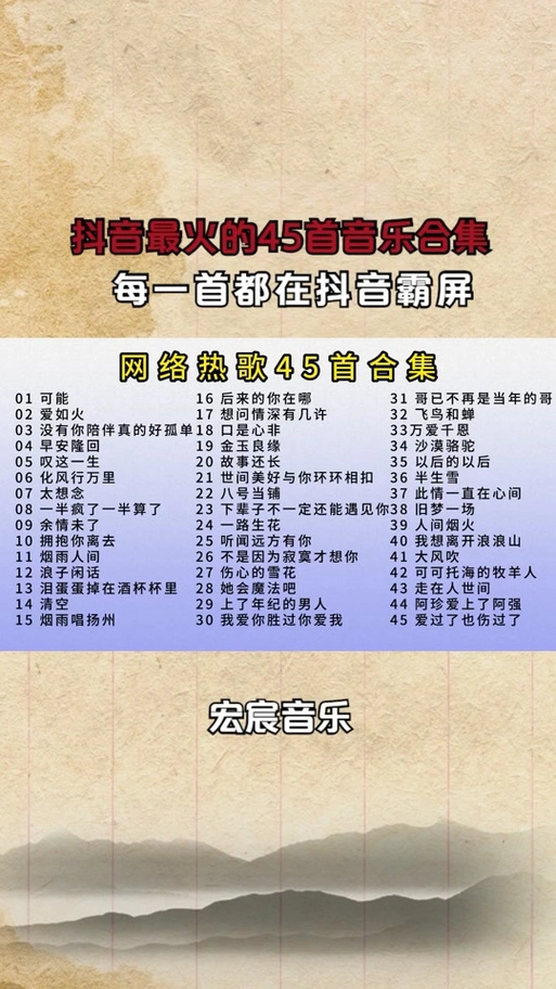 宏宸音乐:抖音最火的45首音乐合集,每一首你都听过,每一首都在抖音霸
