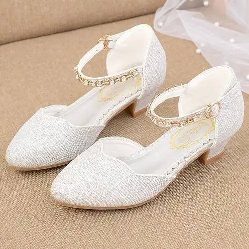 女孩子舞台水晶鞋儿童高跟鞋银色学生模特走秀演出皮鞋女童公主鞋