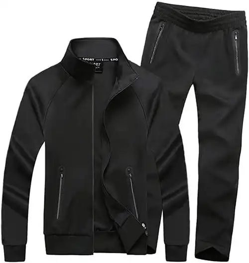 男士运动运动服套装全拉链休闲运动慢跑健身运动套装, 黑色 1, 大