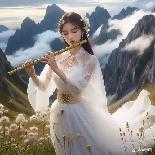 在晨曦微露的竹林间,一位美女身着淡雅的古装,轻柔抚弄着竹笛.