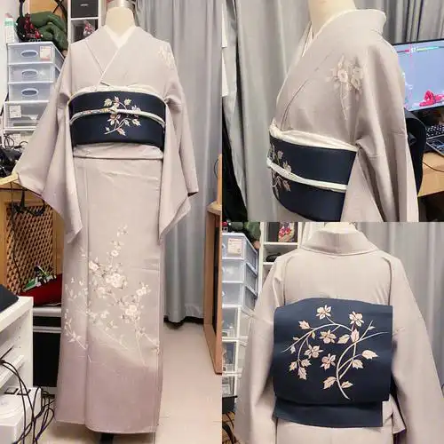 和服搭配紫色花枝付下配刺绣名古屋带