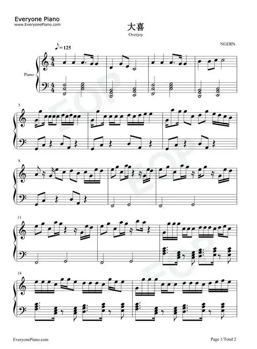 大喜-c调简单版-钢琴谱文件(五线谱,双手简谱,数字谱,midi,pdf)免费