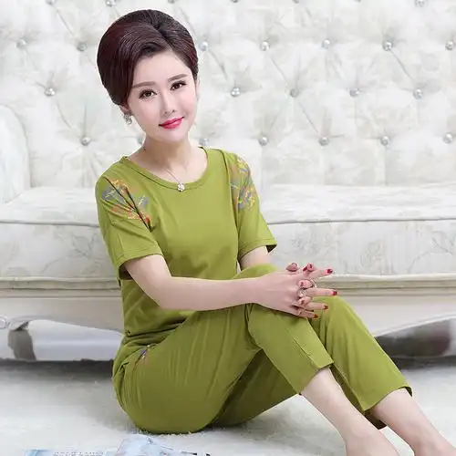 珊诗丽(sexemara)女士套装 902新款夏季中老年人中年睡衣女棉女装短袖