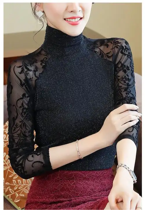 黑色加厚钻石绒  品牌: 坊戚 商品名称:蕾丝衫复古性感打底衫女加绒