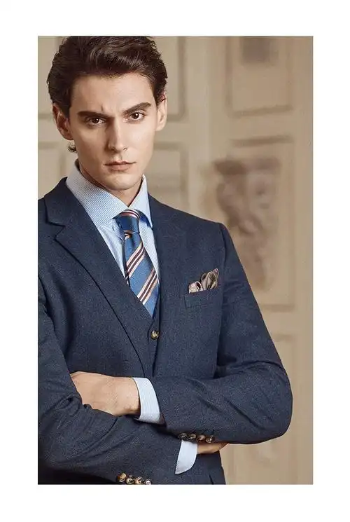 古黛茹(gudairu)品牌西装男套装藏蓝色条纹英式商务正装新郎结婚礼服