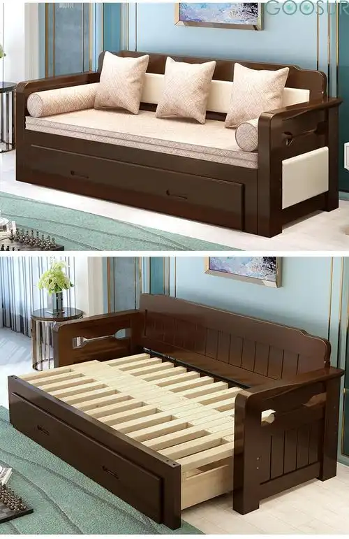 索讯科实木沙发床两用可折叠小户型双人坐卧推拉客厅多功能15米伸缩床