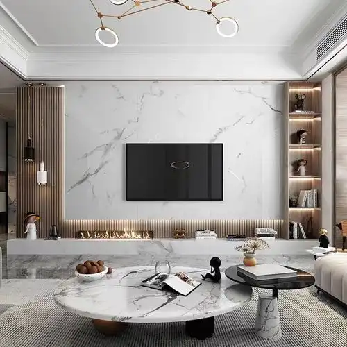 定制欧式现代简约新中式轻奢岩板大理石纹瓷砖客厅悬空电视背景墙