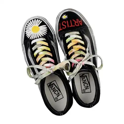 原创手绘权志龙涂鸦鞋男做旧黑白经典情侣雏菊帆布鞋