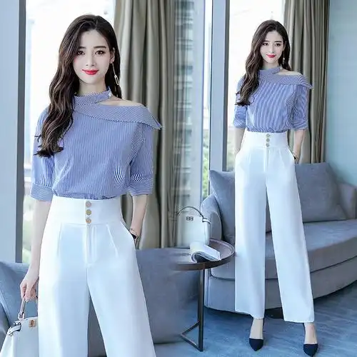 显瘦气质名媛套装女装夏款女士新品条纹上衣阔腿裤时尚两件套潮