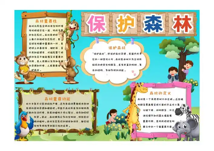 小学生卡通手绘清新简约保护森林手抄报小报word模版彩色文字图pdf