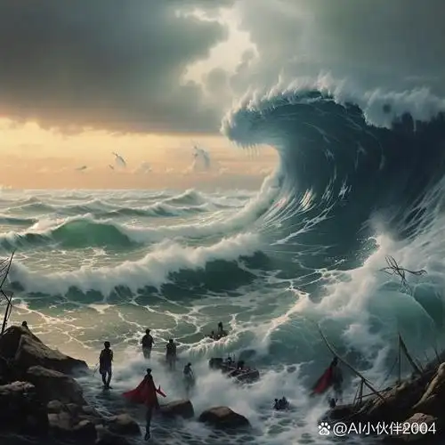 看ai做的海啸图片虽然没有火山的那么真实  而且还个别地方有违背常理