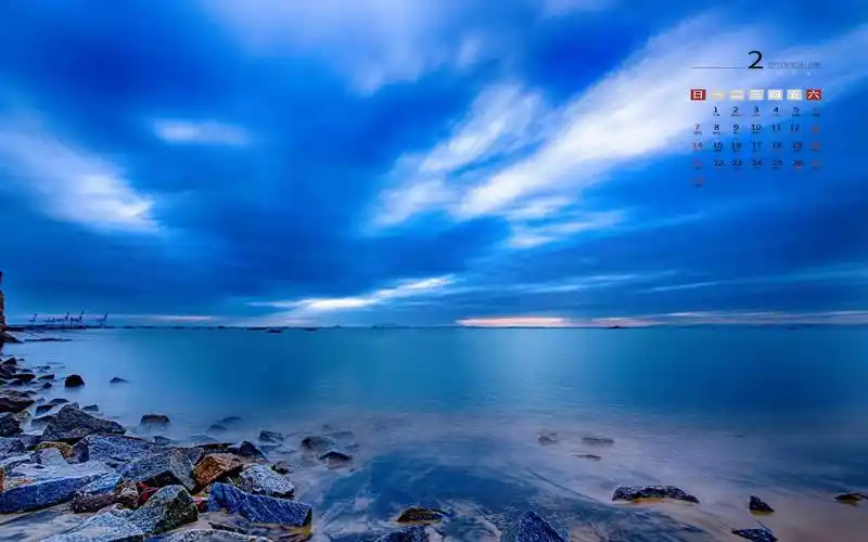 2021年2月蓝调唯美迷人自然风光日历,月历壁纸-回车桌面