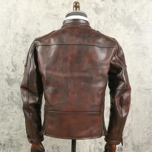 无涂蜡染头层马皮j100机车夹克男士复古真皮皮衣