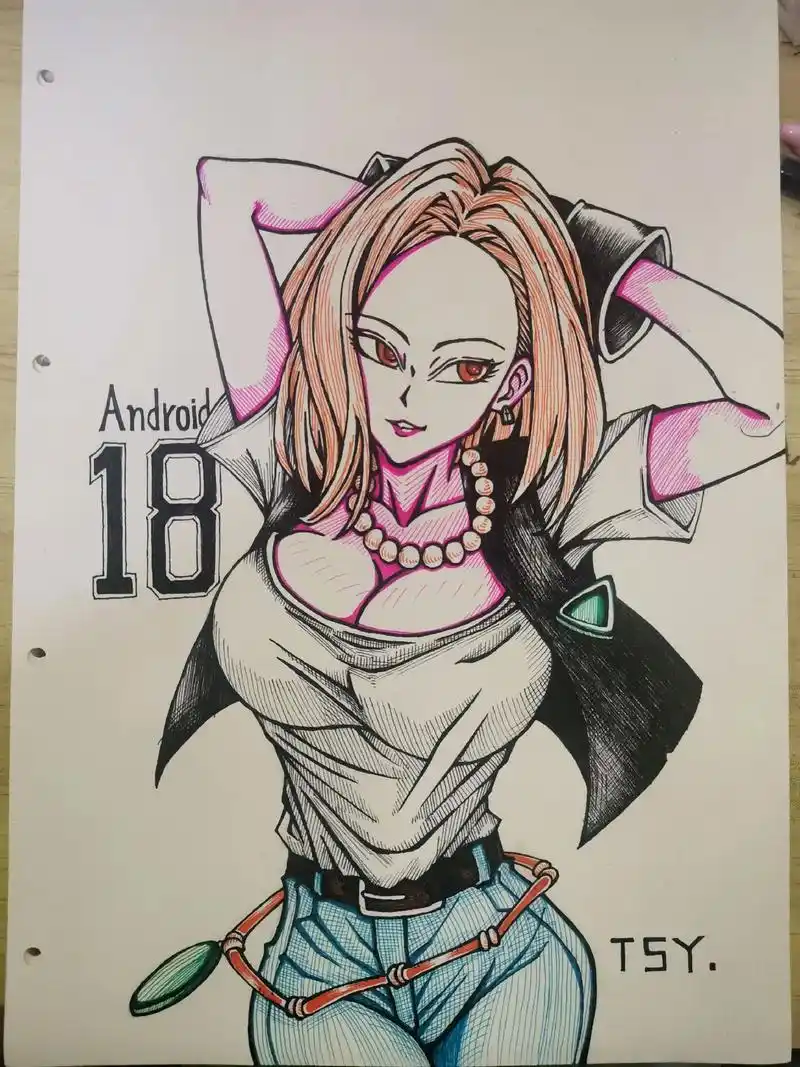 七龙珠人造人18号临摹魔改版针管笔纯手绘#手绘 #画画 #原 - 抖音