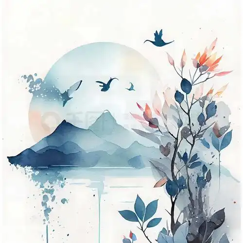 >ai平面元素>风景名胜>中国风水彩水墨画山峰太阳鸟儿树木场景插画