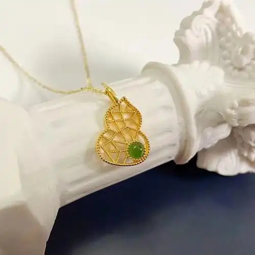 18k金花丝葫芦项链,镶嵌和田碧玉 小清新风格,仙硇Ч仙0269
