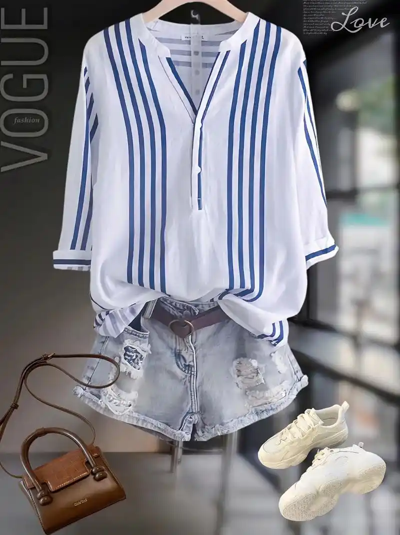 气质v领不规则竖条纹衬衫!