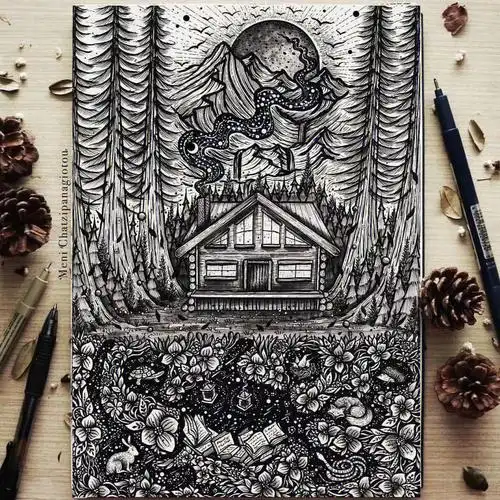 【手绘黑白装饰画插画线描】漫步在林间,薄雾缭绕,97纱般的柔柔地