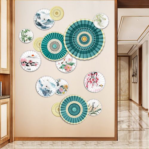 圆盘风景画古风墙贴纸客厅玄关墙壁装饰新中式贴画3d立体自粘墙纸