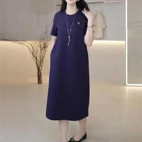 欧货高端大码简约过膝长款体t恤裙子夏季新款宽松休闲春秋连衣裙t
