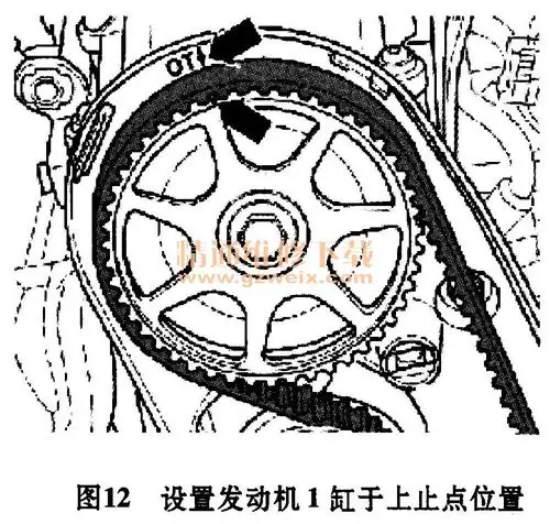 14)如图12所示,转动曲轴,带动凸轮轴正时齿轮转至1缸上止点处(凸轮轴