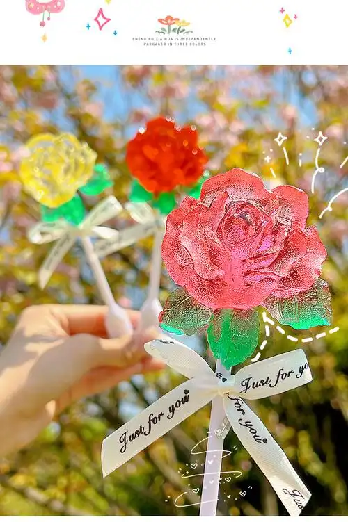 立体玫瑰花棒棒糖520情人节婚礼伴手礼糖果水晶创意女友礼物黄色花朵