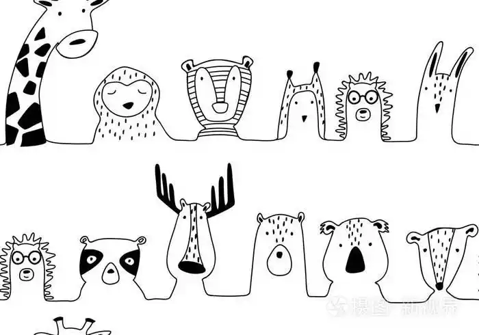 婴儿动物可爱卡通无缝图案的线条风格. 涂鸦手绘插图. 矢量.