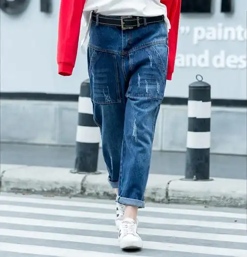 2019春夏新女宽松时尚男友风大吊档深蓝牛仔大口袋九分垮裤潮68