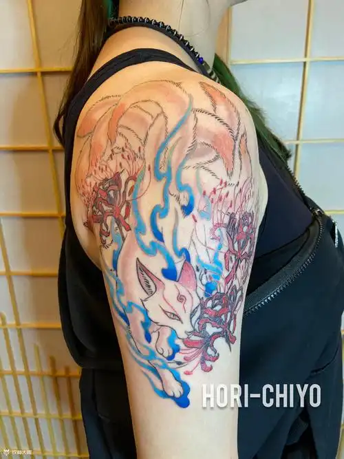 九尾狐と彼岸花_纹身图案手稿图片_雕千代(hori-chiyo)的纹身作品集