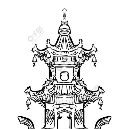 陕西省西安大雁塔大铜香炉中国地标手绘矢量素描插图在白色背景上孤立