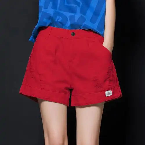 破洞高腰红色牛仔短裤女夏薄款大码三分裤2022年新款宽松阔腿热裤