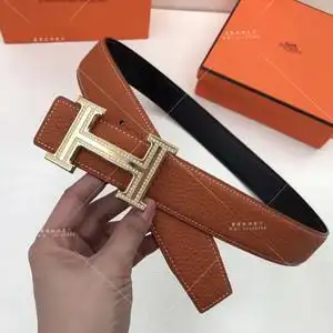代购 爱马仕/hermes 经典h字母扣镶钻金扣牛皮腰带男士商务皮带