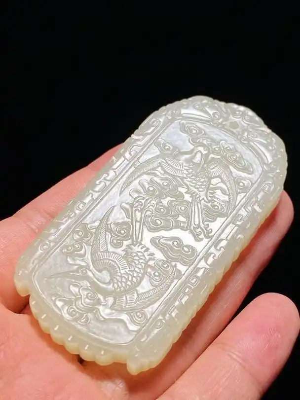 清乾隆 和田玉籽料 白玉 仙鹤祥云 鹤鸣 玉牌 玉珮