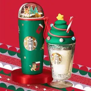 星巴克21圣诞节杯子企鹅姜饼人演出缤纷圣诞树双层玻璃吸管保温杯