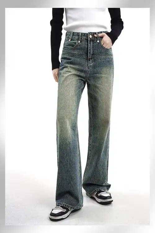 00610# 水洗复古怀旧蓝牛仔裤女秋季新款高腰宽松显瘦拖地长裤 - 17网
