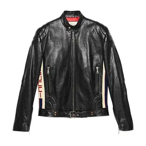gucci/古驰 2018秋冬新品男士条纹皮革夹克外套男士皮衣 523542 xg703