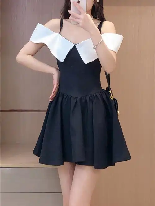 2024新款夏季一字露肩吊带连衣裙短款时尚甜美小众设计款a字裙女 - 17