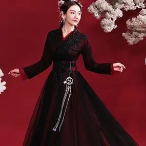原创汉服女仙气飘逸古风红黑色中国风齐腰襦裙古典舞蹈演出服套装