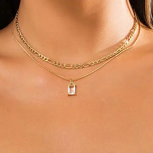 欧美热卖饰品简约几何锁型吊坠叠戴锁骨链小众镂空链条双层项链