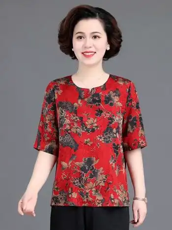 欧丽欣品牌中老年人女装夏装40岁50岁60岁短袖t恤上衣妈妈装夏季中年