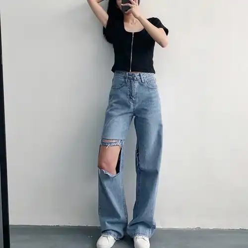 iu牛仔新款春夏2020阔腿直筒破洞显瘦李知恩牛仔裤