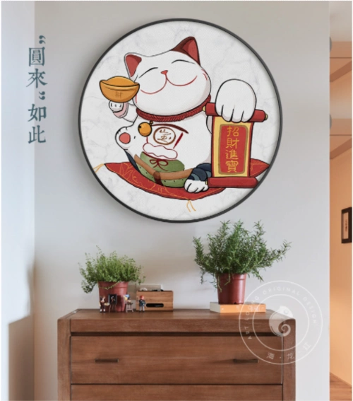 海龙红现代简约风玄关装饰画招财猫a4040cm过道背景墙壁画日式餐厅